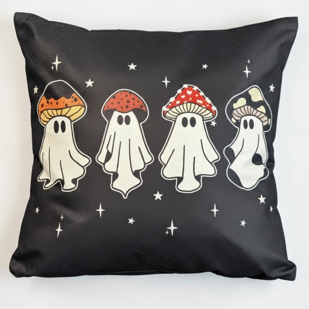 Ghost Mushroom Halloween Pillow Cover Black Cottagecore Spooky Decor 18x18 NWOT